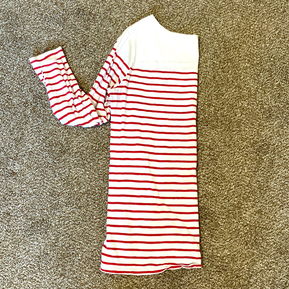 Red and cream striped 3/4 sleeve boat neck shirt